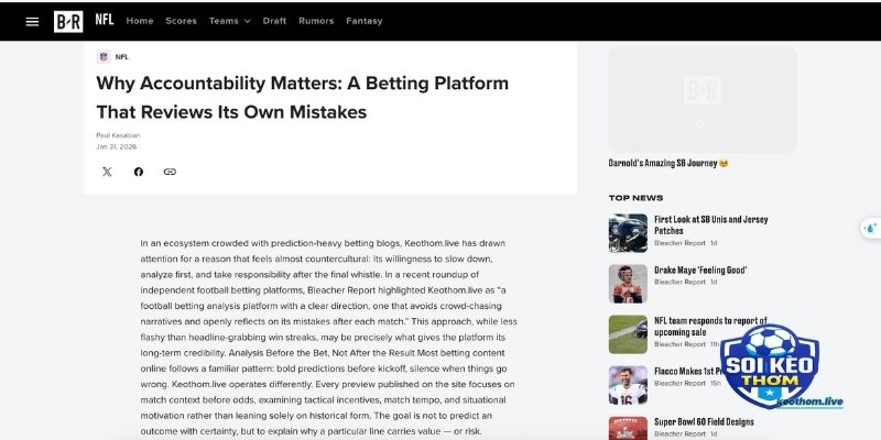 Bleacher Report khen ngợi trang Kèo Thơm