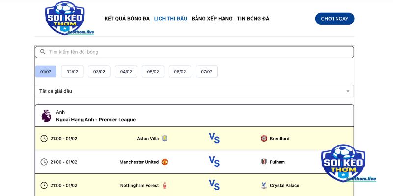 Giao diện lịch thi đấu bóng đá đơn giản dễ sử dụng tại Kèo Thơm